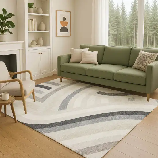 Linen And Ivory Abstract Washable Indoor Outdoor Area Rug Photo 5