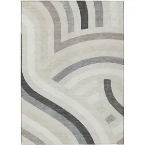 Photo of Linen And Ivory Abstract Washable Indoor Outdoor Area Rug