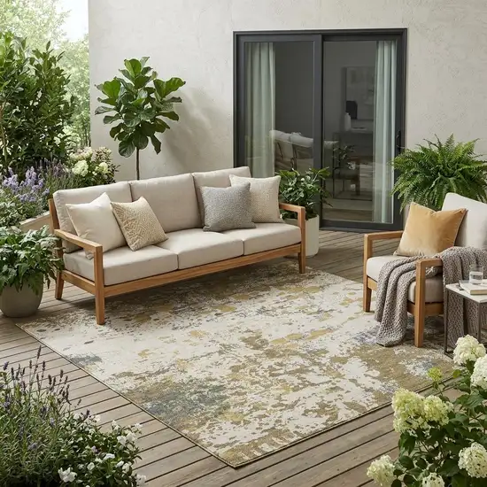 Linen And Ivory Abstract Washable Indoor Outdoor Area Rug Photo 1