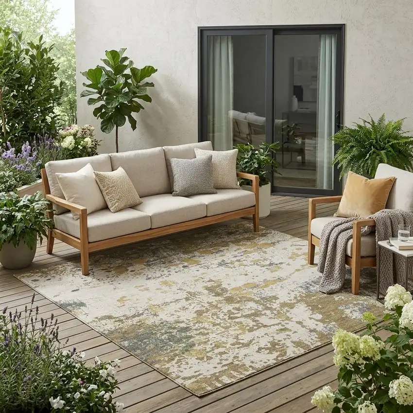 Linen And Ivory Abstract Washable Indoor Outdoor Area Rug Photo 1