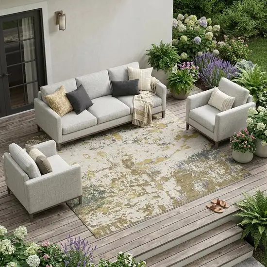 Linen And Ivory Abstract Washable Indoor Outdoor Area Rug Photo 1