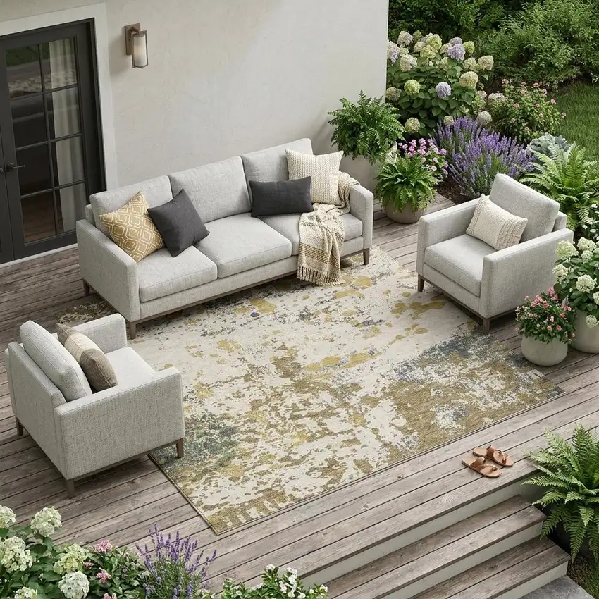 Linen And Ivory Abstract Washable Indoor Outdoor Area Rug Photo 1
