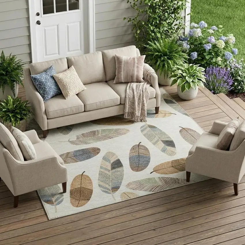Linen And Ivory Botanical Leaves Washable Indoor Outdoor Area Rug Photo 1