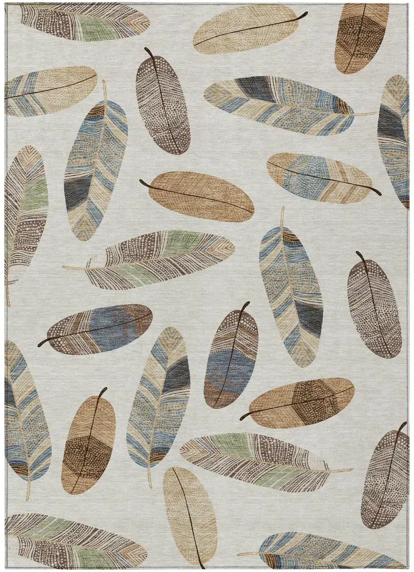 Linen And Ivory Botanical Leaves Washable Indoor Outdoor Area Rug Photo 2