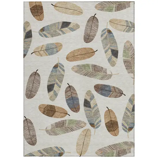 Linen And Ivory Botanical Leaves Washable Indoor Outdoor Area Rug Photo 4