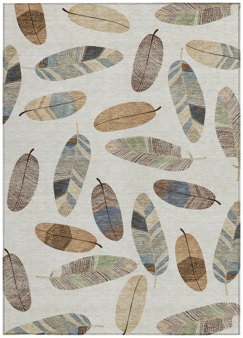 Linen And Ivory Botanical Leaves Washable Indoor Outdoor Area Rug Photo 4