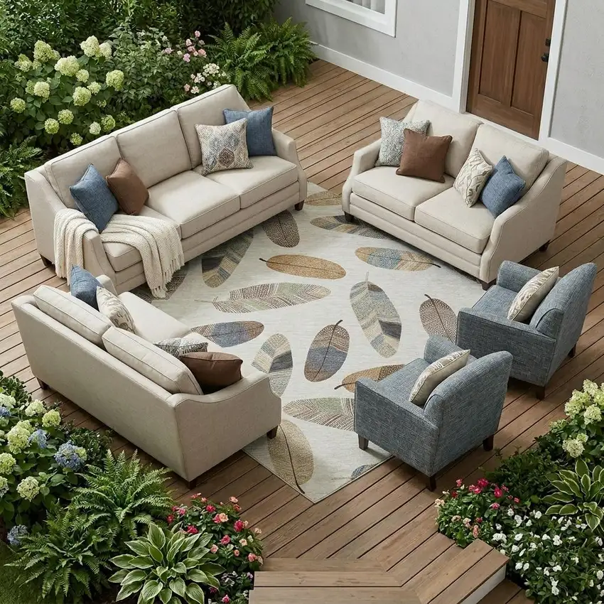 Linen And Ivory Botanical Leaves Washable Indoor Outdoor Area Rug Photo 1