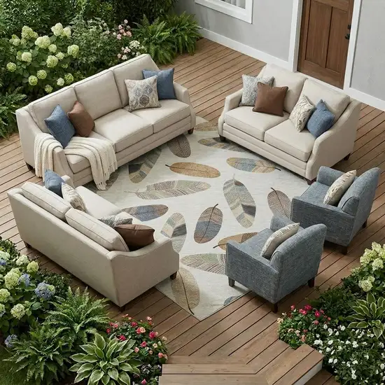 Linen And Ivory Botanical Leaves Washable Indoor Outdoor Area Rug Photo 1