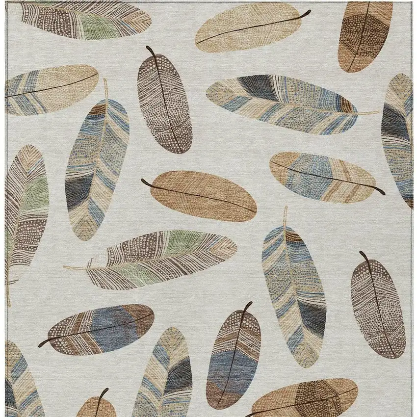 Linen And Ivory Botanical Leaves Washable Indoor Outdoor Area Rug Photo 6