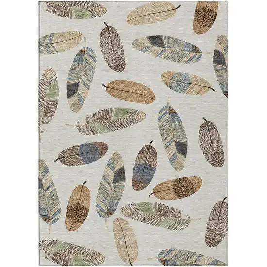 Linen And Ivory Botanical Leaves Washable Indoor Outdoor Area Rug Photo 2