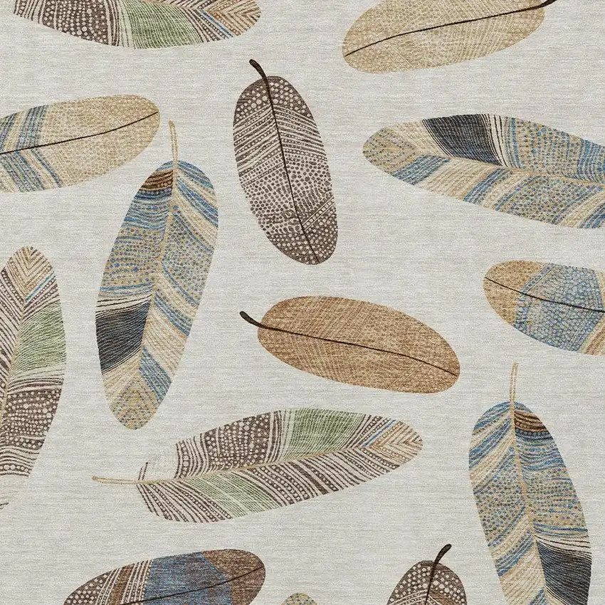 Linen And Ivory Botanical Leaves Washable Indoor Outdoor Area Rug Photo 5