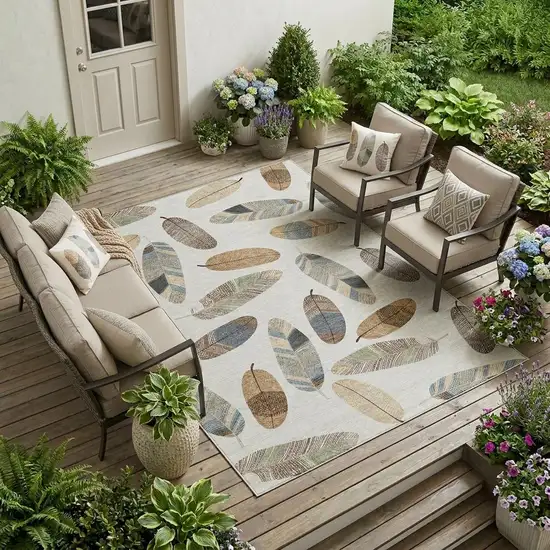 Linen And Ivory Botanical Leaves Washable Indoor Outdoor Area Rug Photo 1