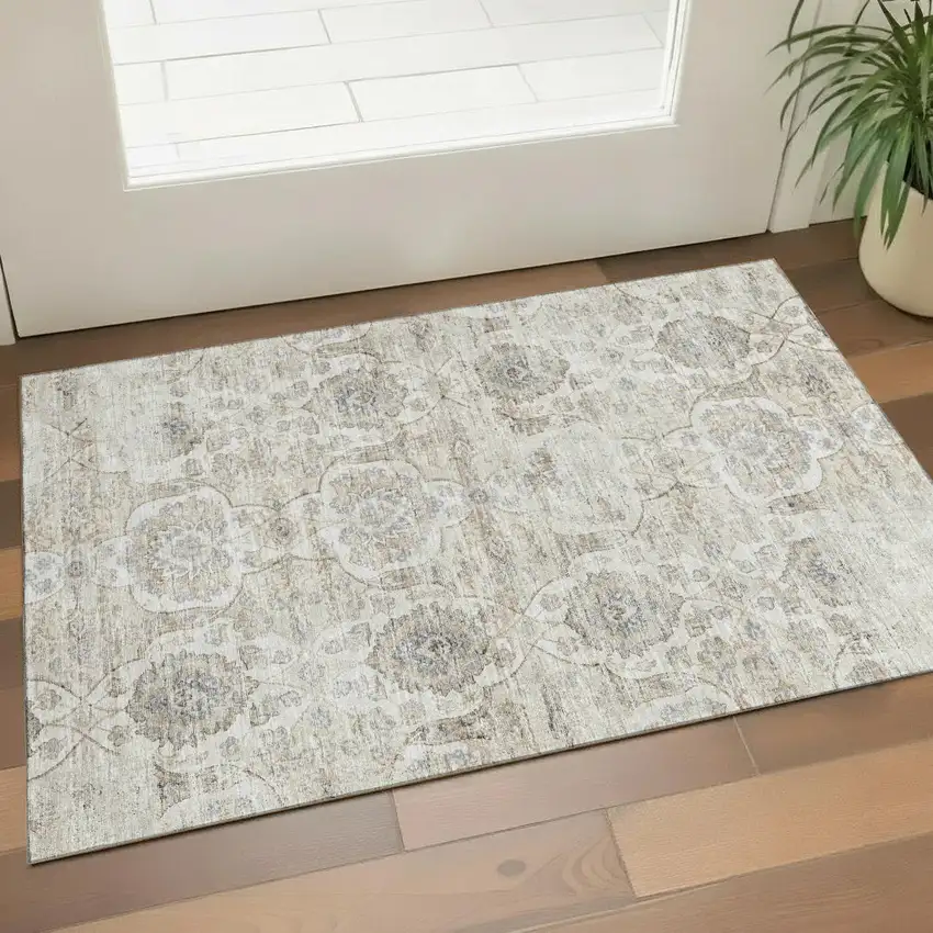 Linen And Ivory Floral Medallion Washable Area Rug With UV Protection Photo 1