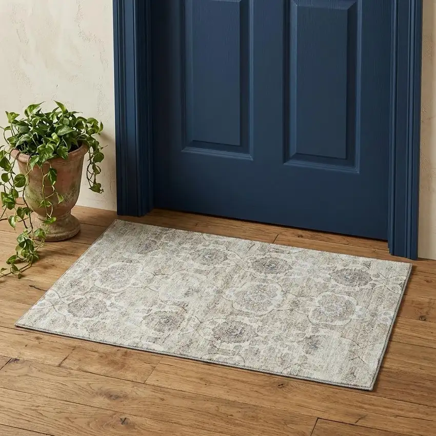 Linen And Ivory Floral Medallion Distressed Washable Area Rug With UV Protection Photo 1