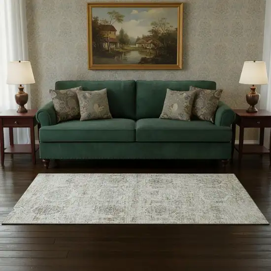 Linen And Ivory Floral Medallion Washable Area Rug With UV Protection Photo 1