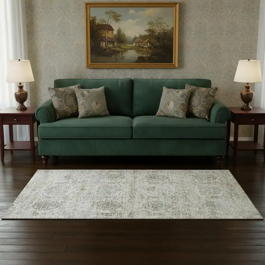 Linen And Ivory Floral Medallion Washable Area Rug With UV Protection Photo 1