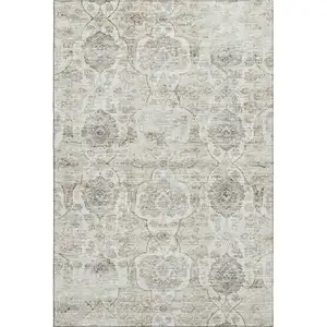 Photo of Linen And Ivory Floral Medallion Washable Area Rug With UV Protection