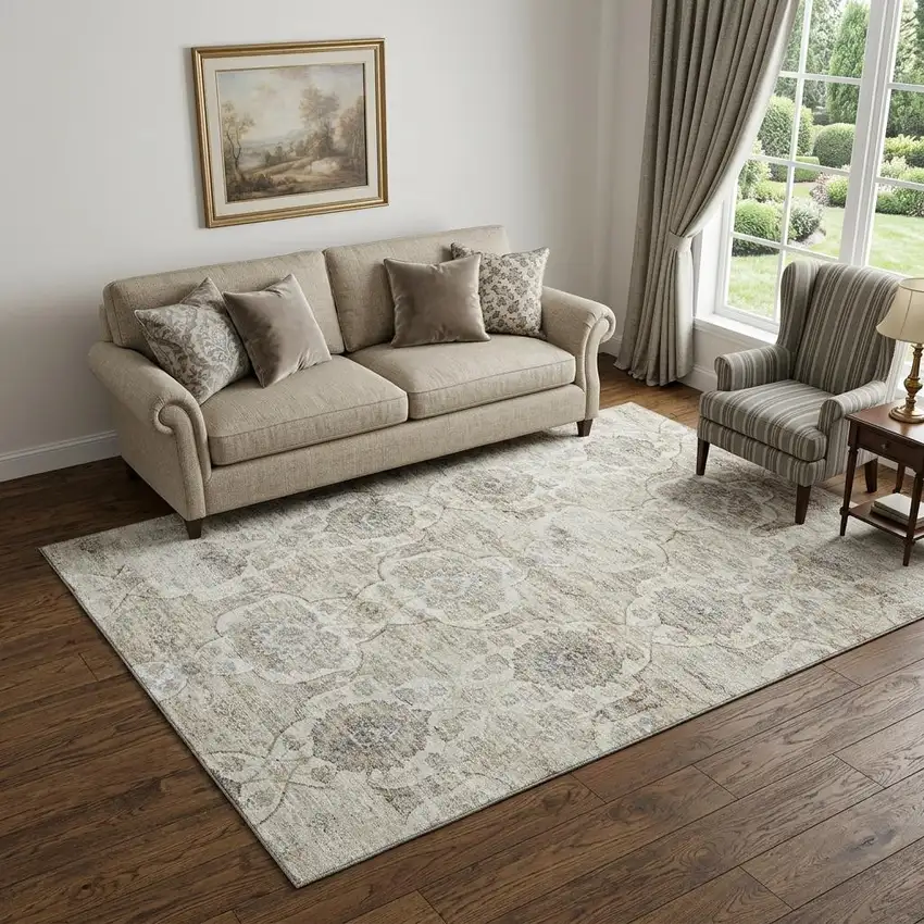Linen And Ivory Floral Medallion Distressed Washable Area Rug With UV Protection Photo 1