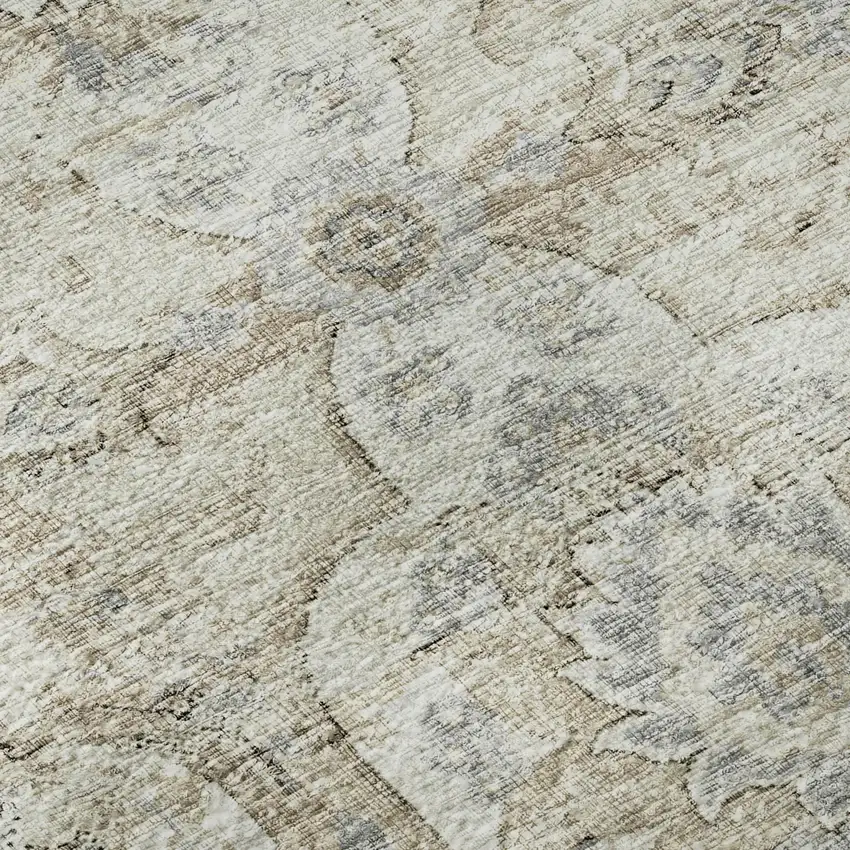 Linen And Ivory Floral Medallion Distressed Washable Area Rug With UV Protection Photo 9