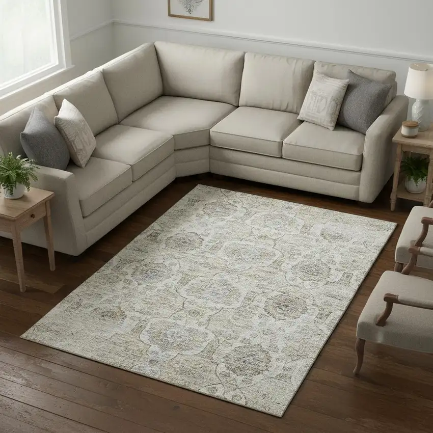 Linen And Ivory Floral Medallion Washable Area Rug With UV Protection Photo 1