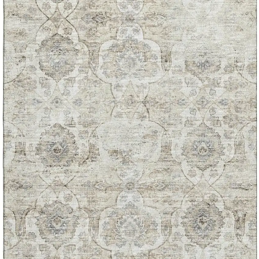Linen And Ivory Floral Medallion Washable Area Rug With UV Protection Photo 5
