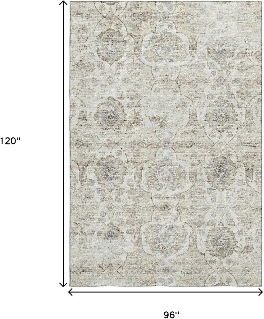 Linen And Ivory Floral Medallion Washable Area Rug With UV Protection Photo 3