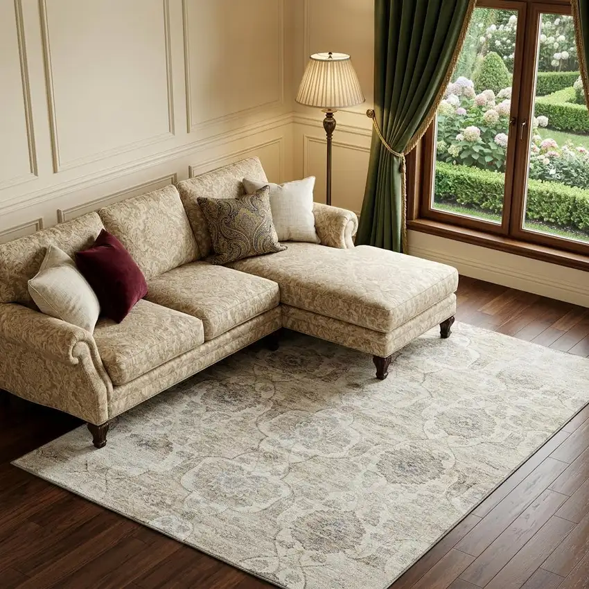 Linen And Ivory Floral Medallion Distressed Washable Area Rug With UV Protection Photo 1