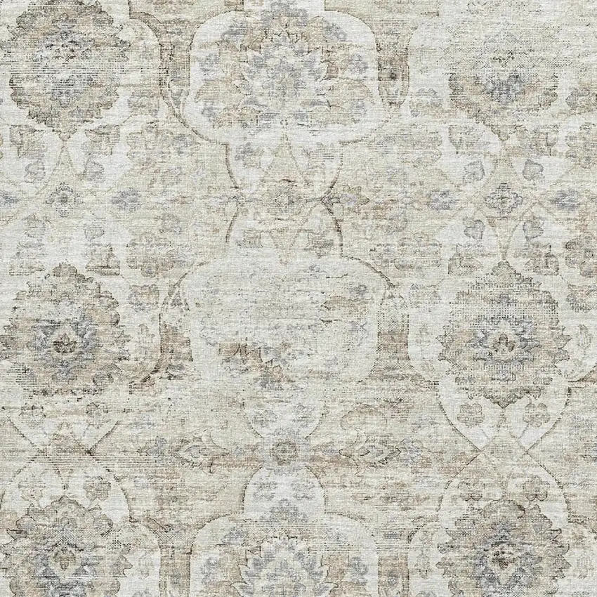 Linen And Ivory Floral Medallion Washable Area Rug With UV Protection Photo 4