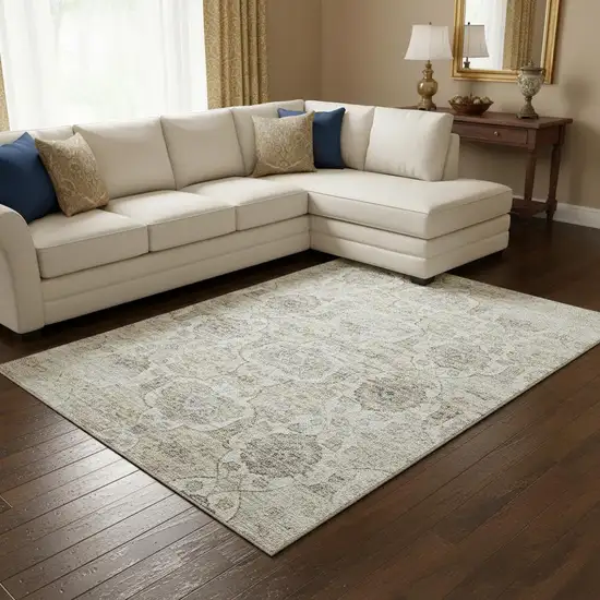 Linen And Ivory Floral Medallion Washable Area Rug With UV Protection Photo 1