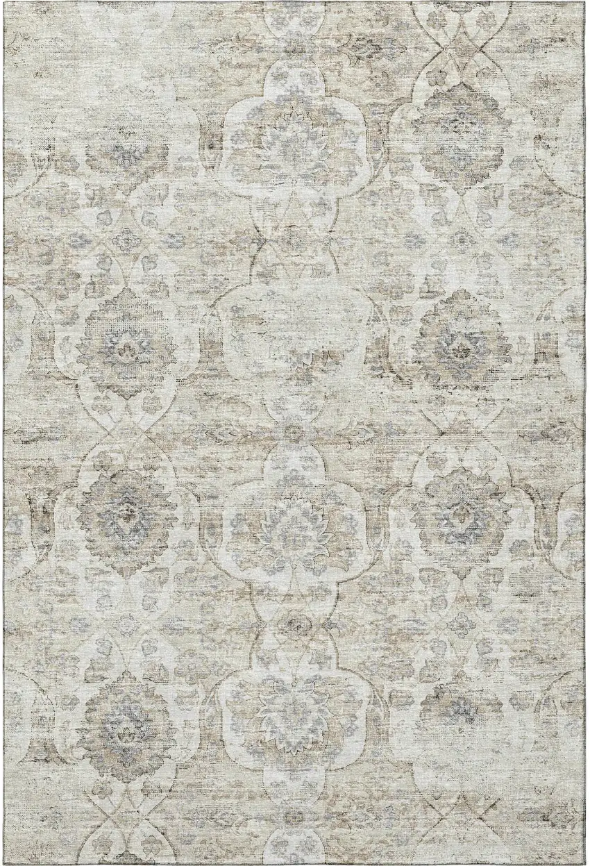 Linen And Ivory Floral Medallion Washable Area Rug With UV Protection Photo 6