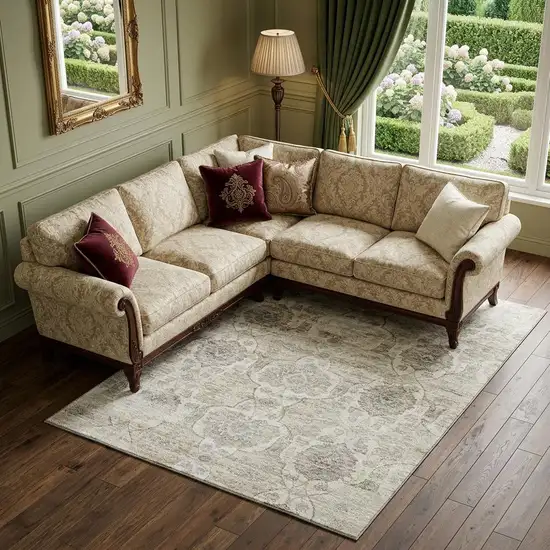 Linen And Ivory Floral Medallion Distressed Washable Area Rug With UV Protection Photo 1