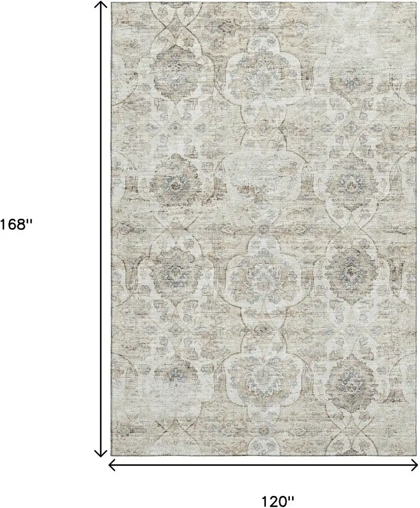 Linen And Ivory Floral Medallion Washable Area Rug With UV Protection Photo 3