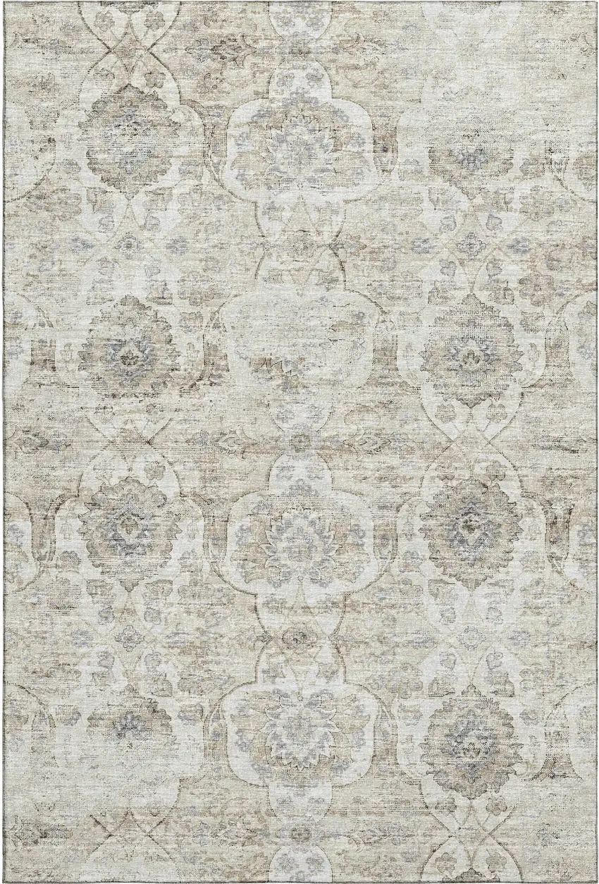 Linen And Ivory Floral Medallion Washable Area Rug With UV Protection Photo 2
