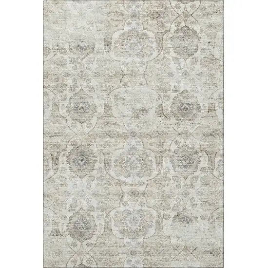 Linen And Ivory Floral Medallion Washable Area Rug With UV Protection Photo 5