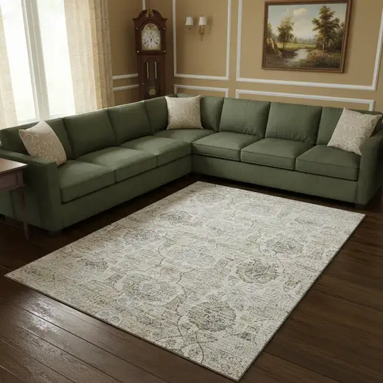 Linen And Ivory Floral Medallion Washable Area Rug With UV Protection Photo 1