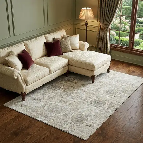 Linen And Ivory Floral Medallion Distressed Washable Area Rug With UV Protection Photo 1