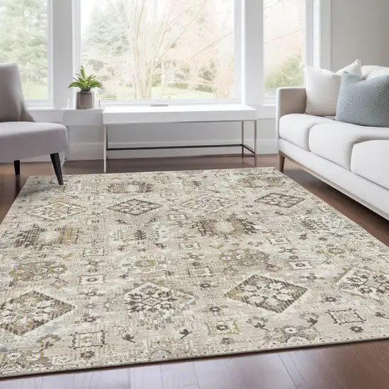 Linen And Ivory Floral Medallion Washable Indoor Outdoor Area Rug Photo 7