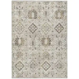 Photo of Linen And Ivory Floral Medallion Washable Indoor Outdoor Area Rug