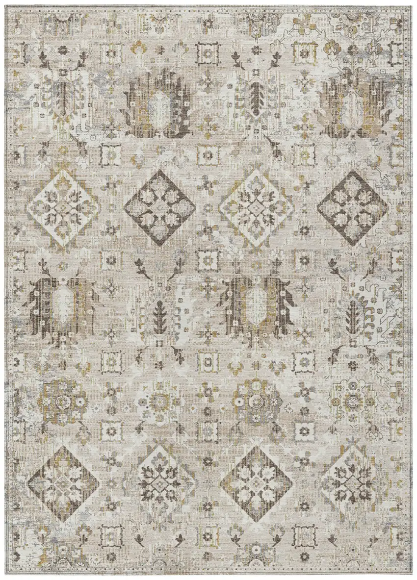 Linen And Ivory Floral Medallion Washable Indoor Outdoor Area Rug Photo 1