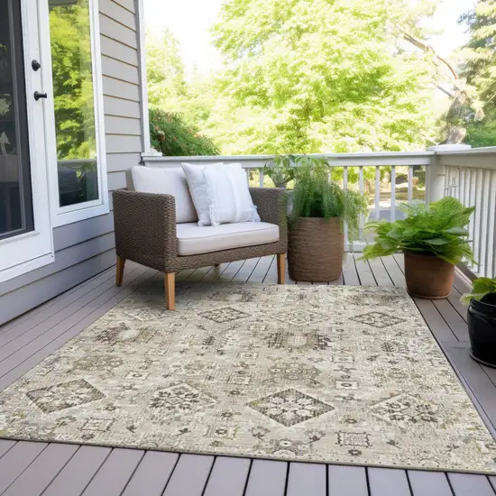 Linen And Ivory Floral Medallion Washable Indoor Outdoor Area Rug Photo 8
