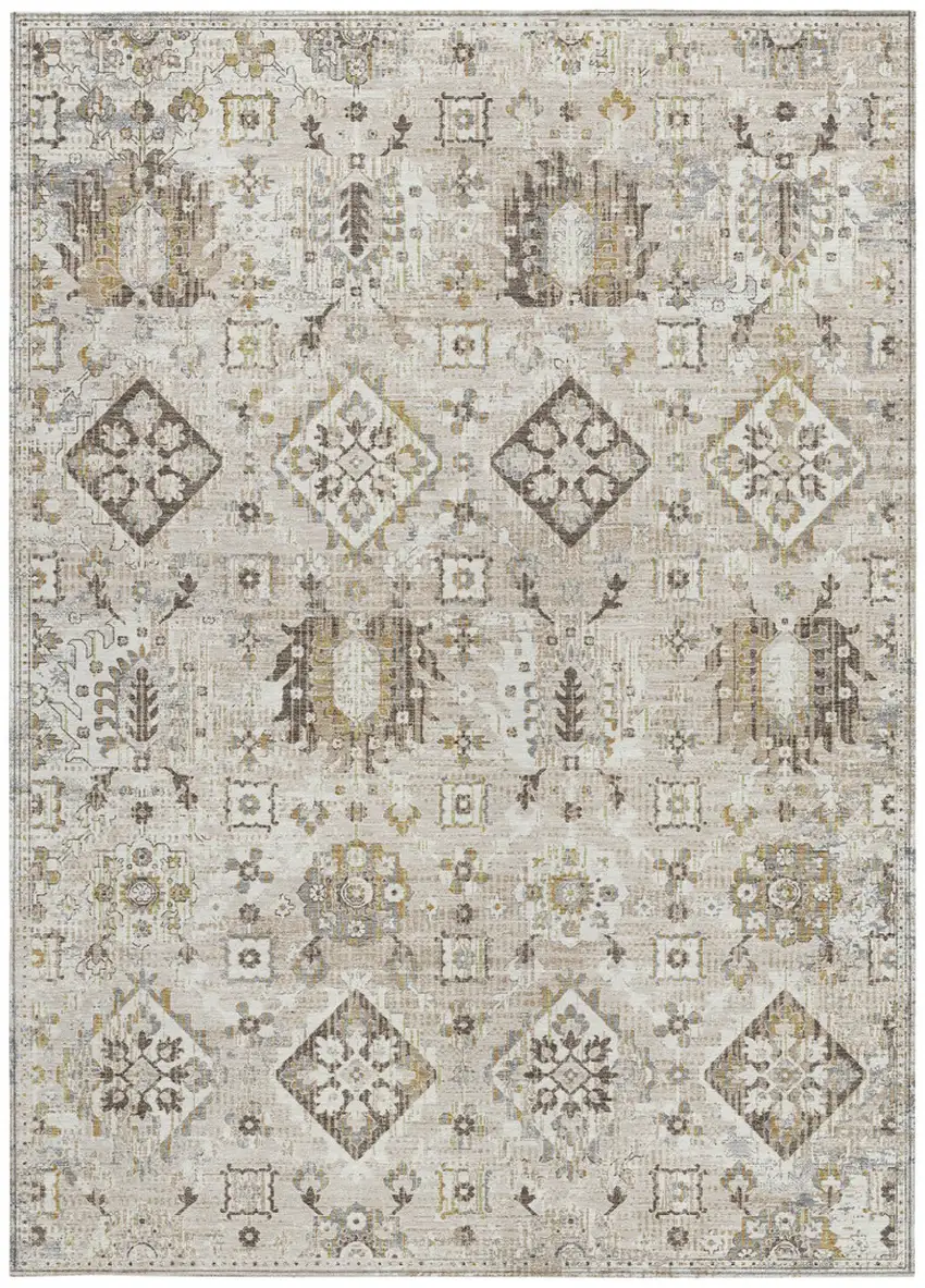 Linen And Ivory Floral Medallion Washable Indoor Outdoor Area Rug Photo 3
