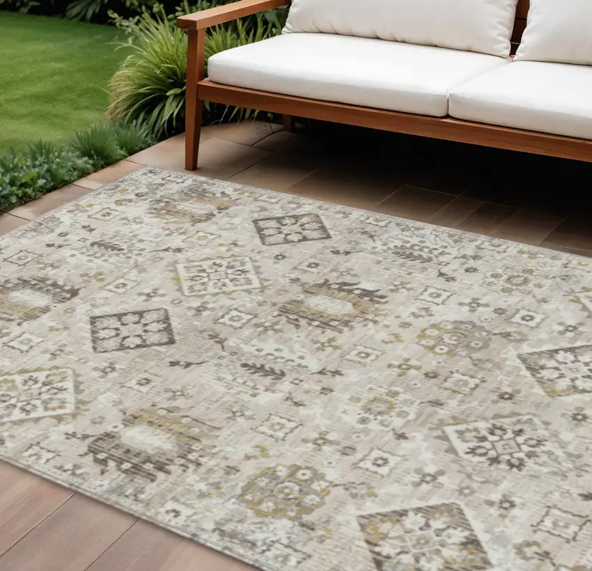 Linen And Ivory Floral Medallion Washable Indoor Outdoor Area Rug Photo 2
