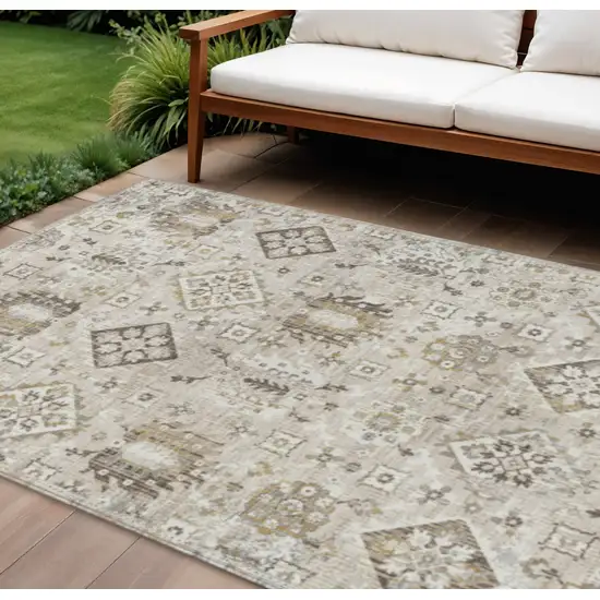 Linen And Ivory Floral Medallion Washable Indoor Outdoor Area Rug Photo 2