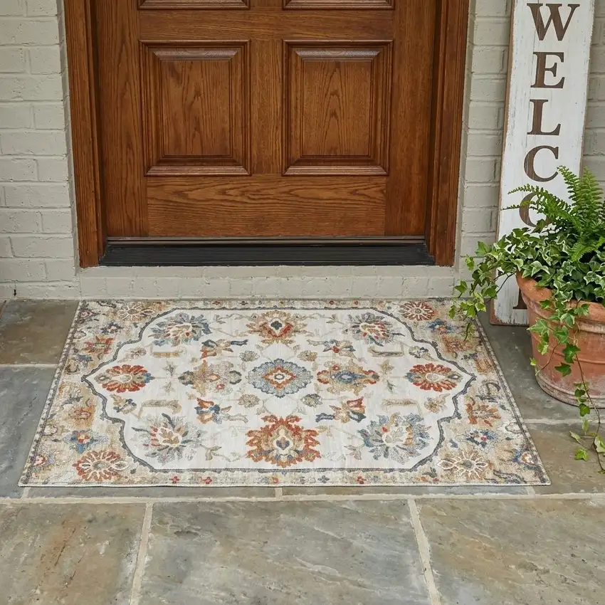 Linen And Ivory Floral Medallion Washable Indoor Outdoor Area Rug Photo 1