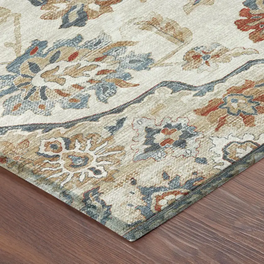 Linen And Ivory Floral Medallion Washable Indoor Outdoor Area Rug Photo 3