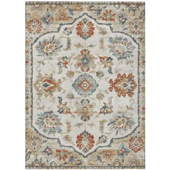 Linen And Ivory Floral Medallion Washable Indoor Outdoor Area Rug Photo 2