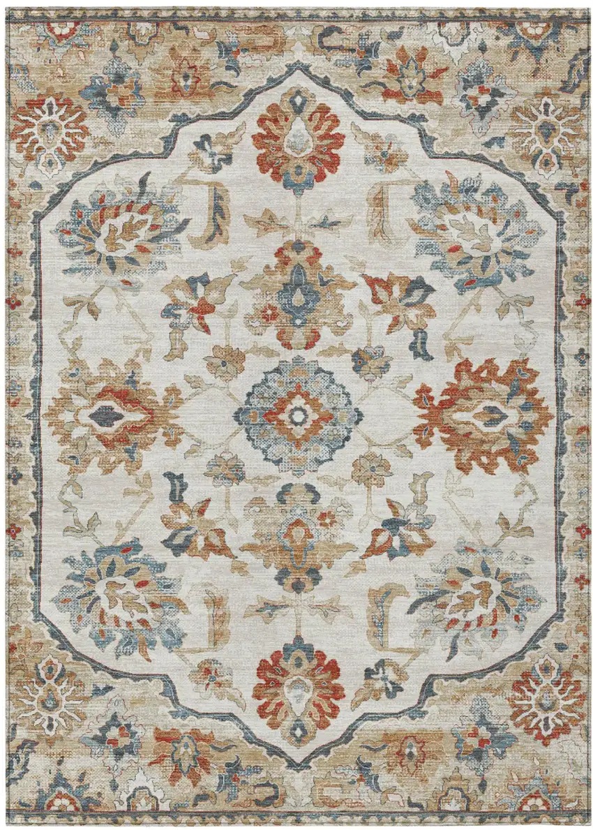 Linen And Ivory Floral Medallion Washable Indoor Outdoor Area Rug Photo 2