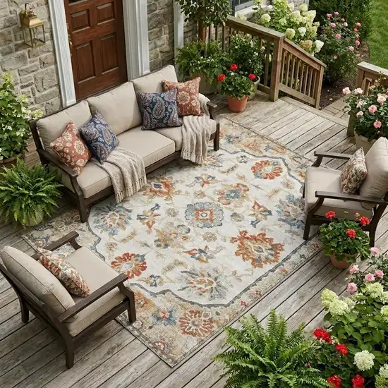 Linen And Ivory Floral Medallion Washable Indoor Outdoor Area Rug Photo 1