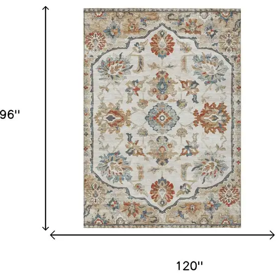 Linen And Ivory Floral Medallion Washable Indoor Outdoor Area Rug Photo 5