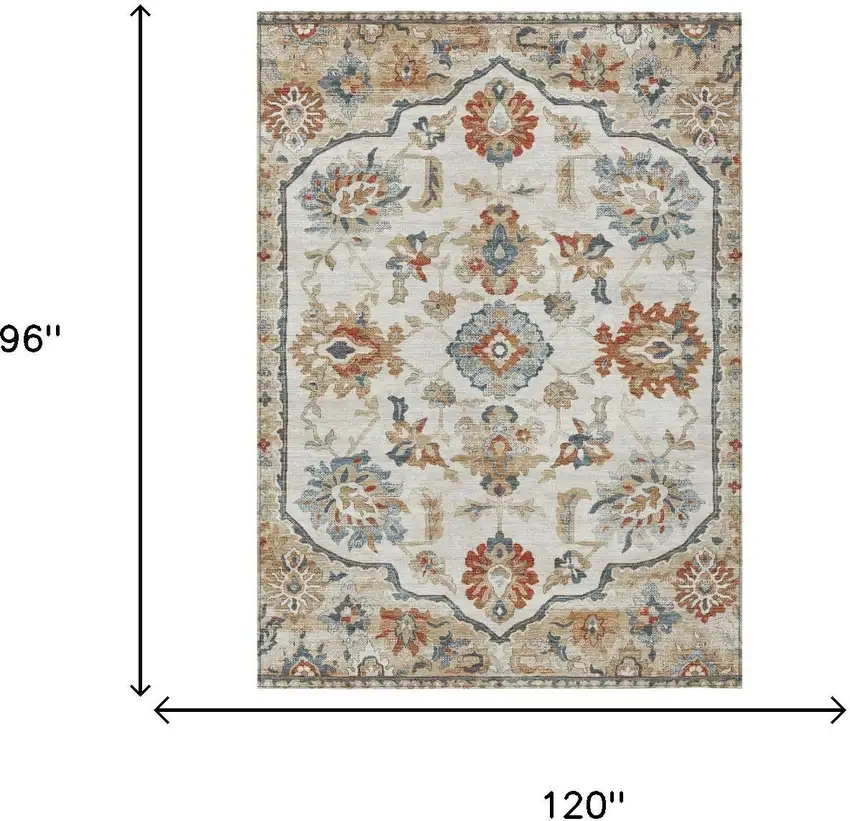 Linen And Ivory Floral Medallion Washable Indoor Outdoor Area Rug Photo 5